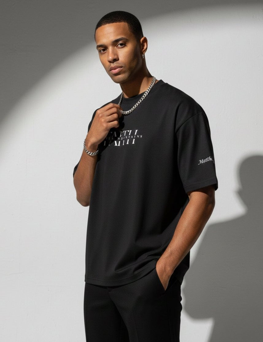 Faith Moves Mountains | Black Boxy Graphic Tee – Matthew 17:20