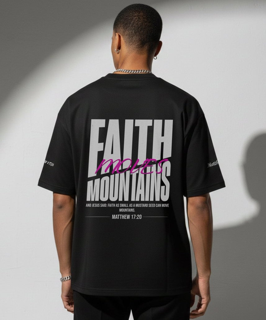 Faith Moves Mountains | Black Boxy Graphic Tee – Matthew 17:20