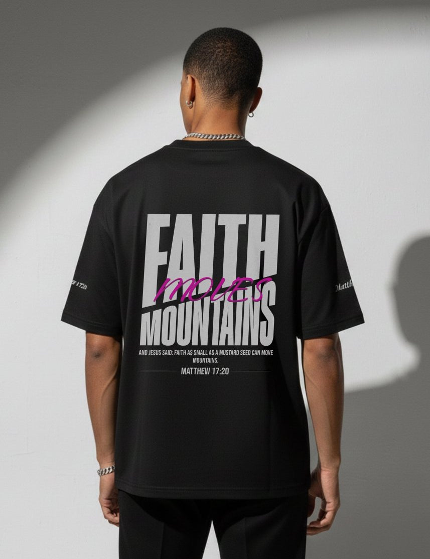 Faith Moves Mountains | Black Boxy Graphic Tee – Matthew 17:20
