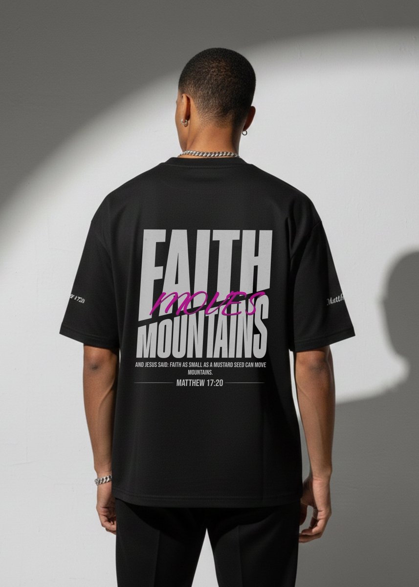Faith Moves Mountains | Black Boxy Graphic Tee – Matthew 17:20