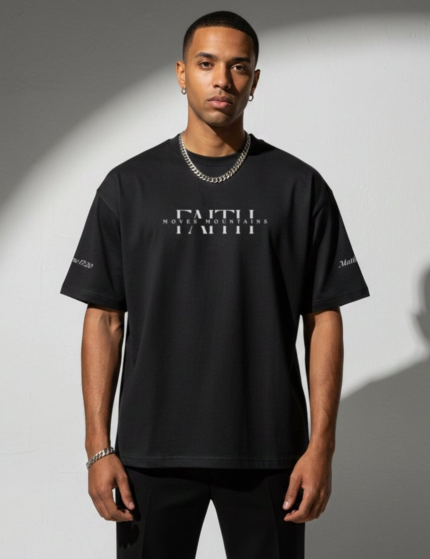  XS Faith Moves Mountains | Black Boxy Graphic Tee – Matthew 17:20