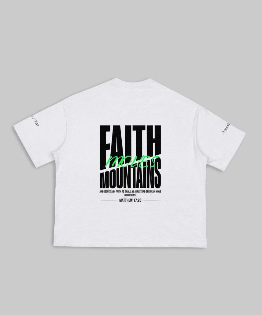 Faith Moves Mountains | White Boxy Graphic Tee – Matthew 17:20 - TOPARADI