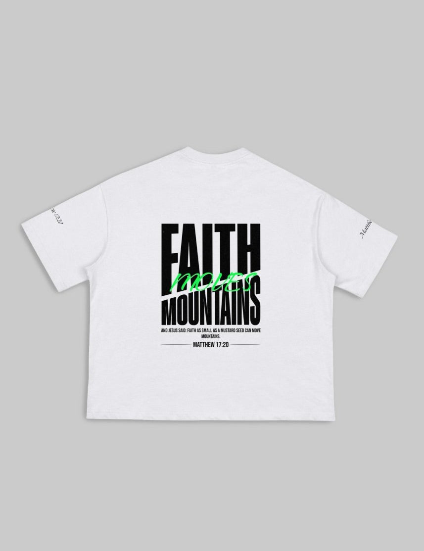 Faith Moves Mountains | White Boxy Graphic Tee – Matthew 17:20 - TOPARADI