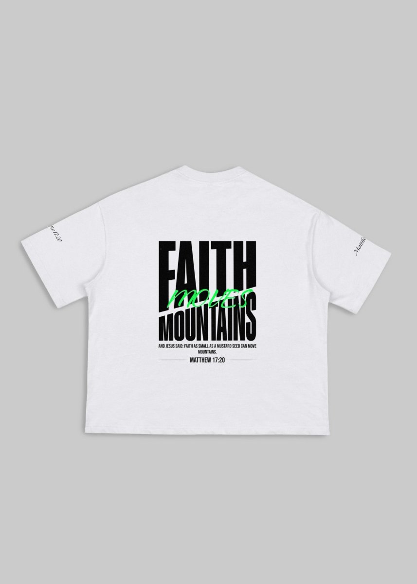 Faith Moves Mountains | White Boxy Graphic Tee – Matthew 17:20 - TOPARADI