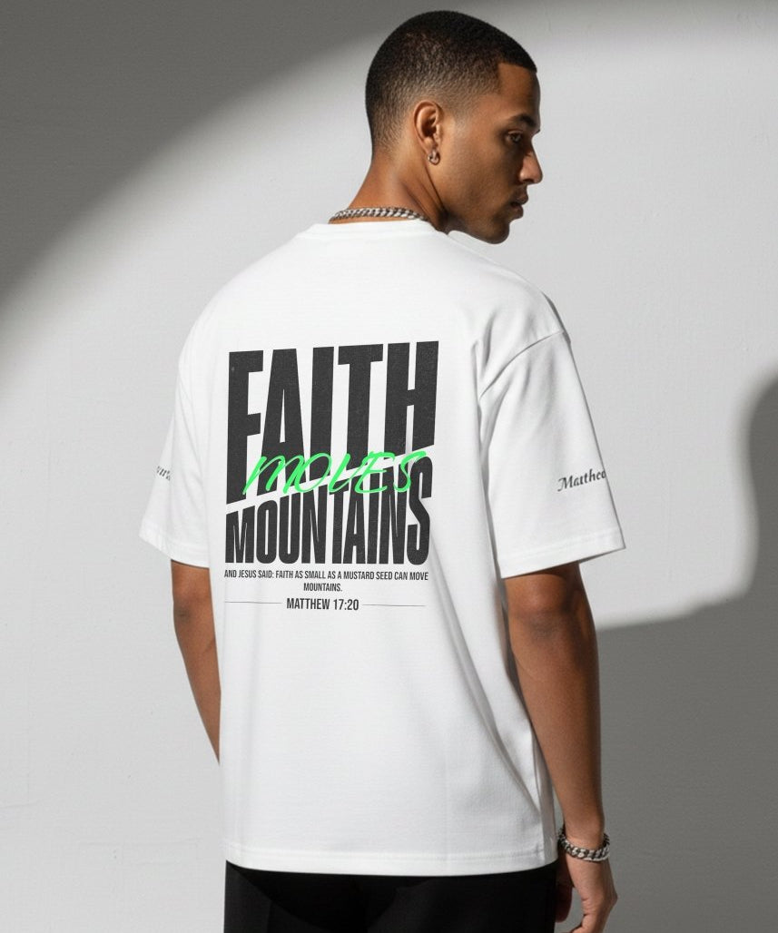 Faith Moves Mountains | White Boxy Graphic Tee – Matthew 17:20