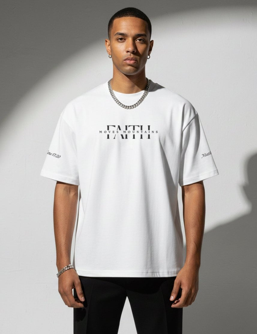  XS Faith Moves Mountains | White Boxy Graphic Tee – Matthew 17:20