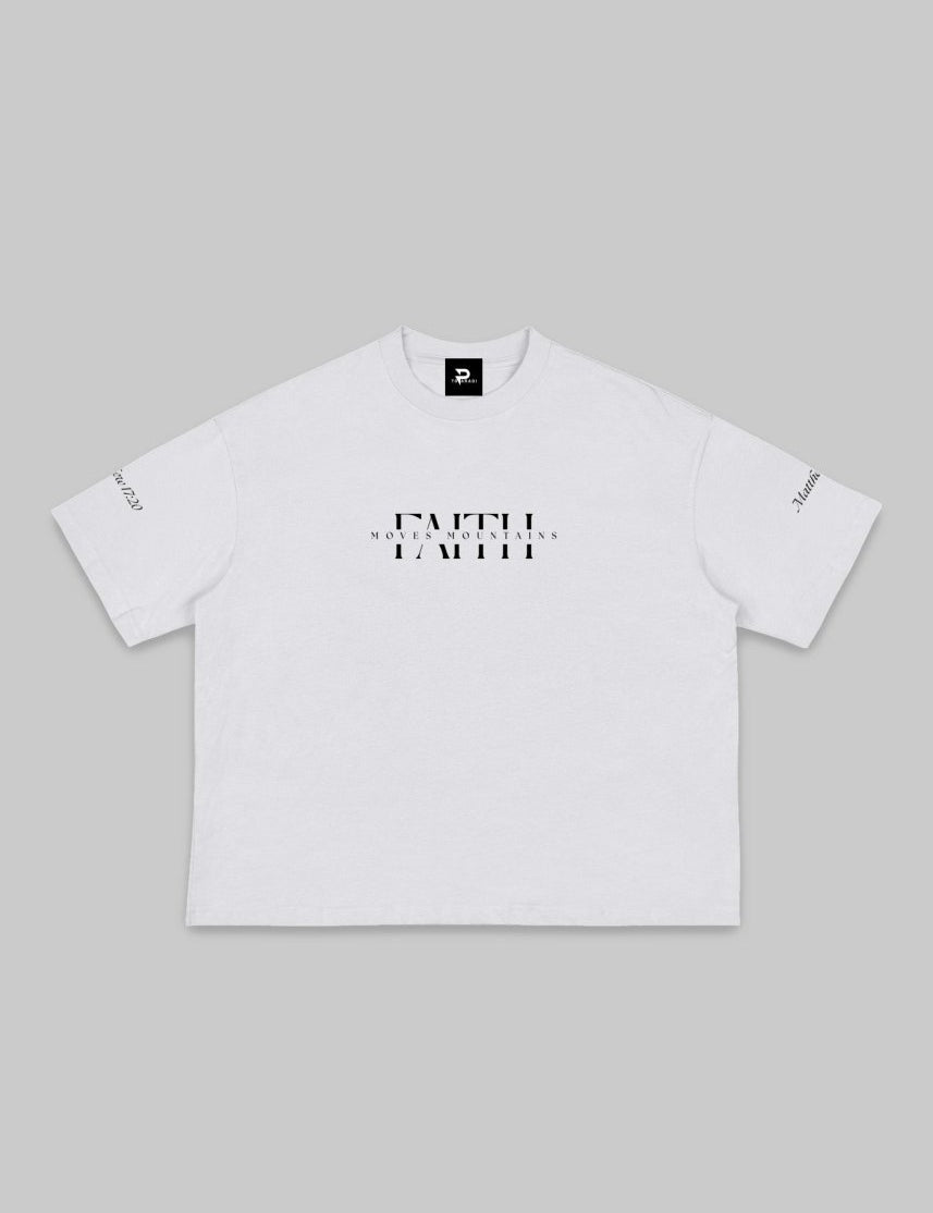 Faith Moves Mountains | White Boxy Graphic Tee – Matthew 17:20 - TOPARADI