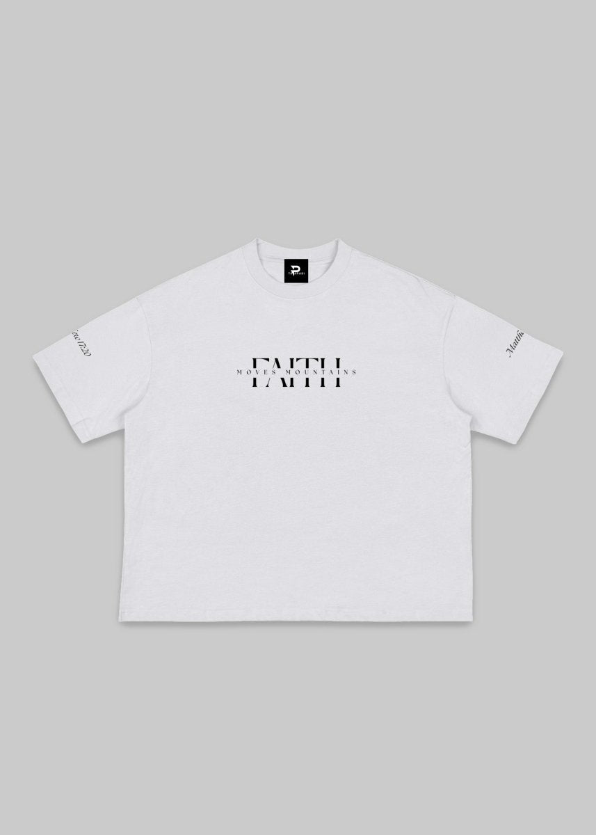 Faith Moves Mountains | White Boxy Graphic Tee – Matthew 17:20 - TOPARADI