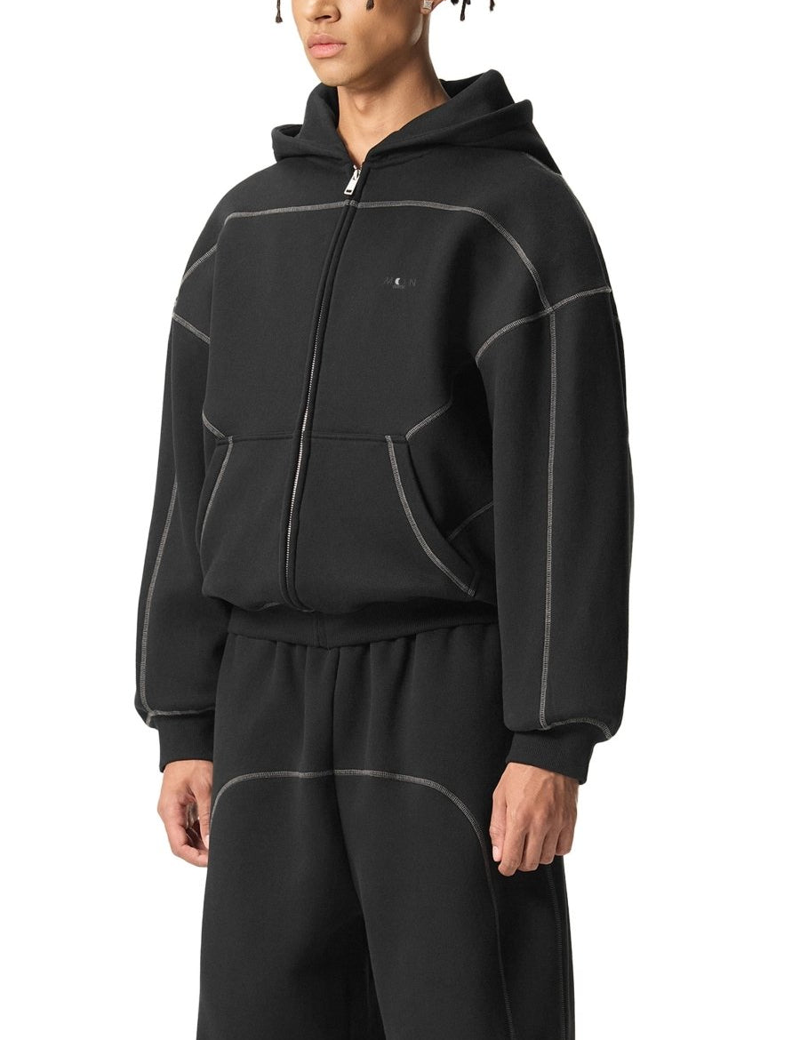 Moon Oath | Men Contrast-Stitched Boxy Fleece Zip Hoodie