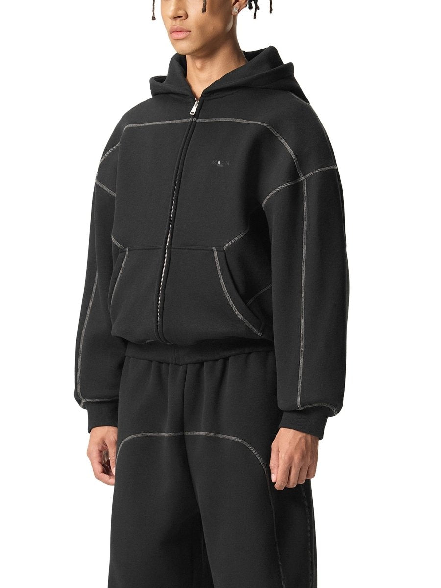 Moon Oath | Men Contrast-Stitched Boxy Fleece Zip Hoodie