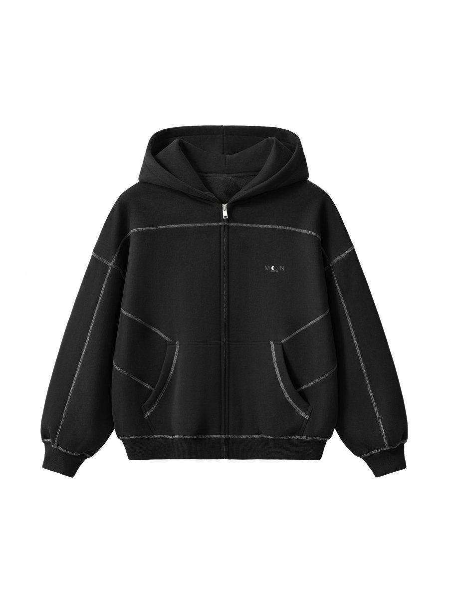 Moon Oath | Men Contrast-Stitched Boxy Fleece Zip Hoodie