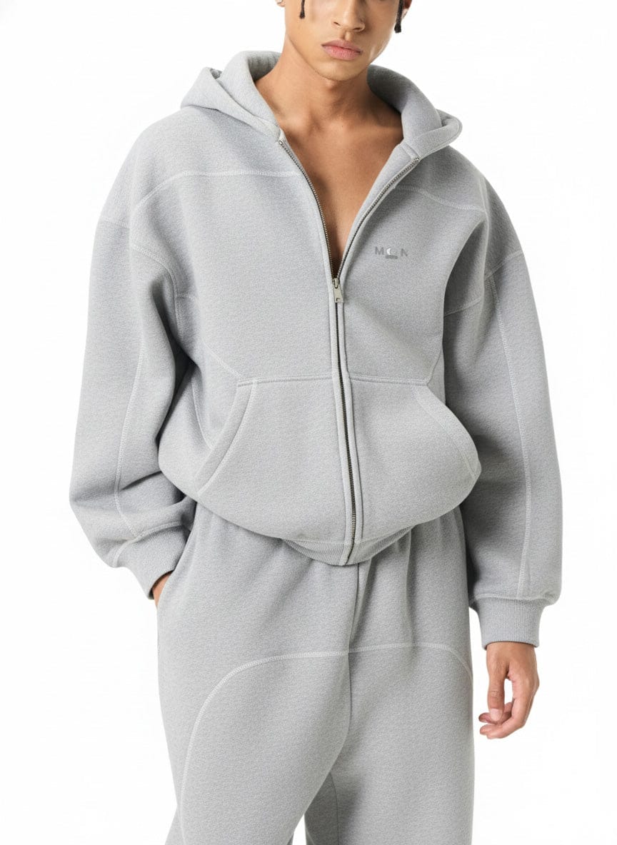 Gray / S Moon Oath | Men's Contrast-Stitched Boxy Fleece Zip Hoodie