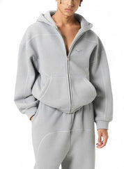 Gray / S Moon Oath | Men's Contrast-Stitched Boxy Fleece Zip Hoodie