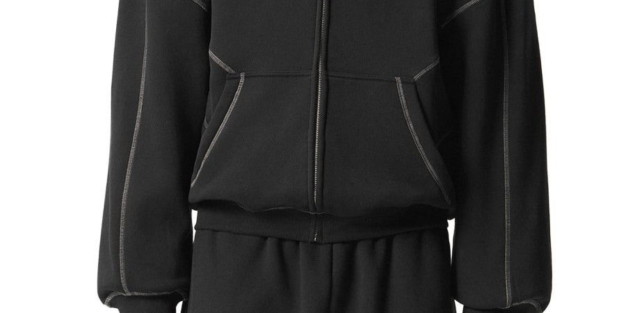  S Moon Oath | Men Contrast-Stitched Boxy Fleece Zip Hoodie