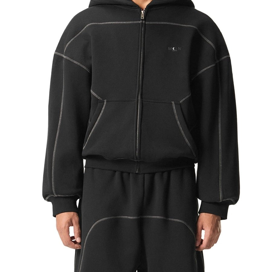  S Moon Oath | Men Contrast-Stitched Boxy Fleece Zip Hoodie