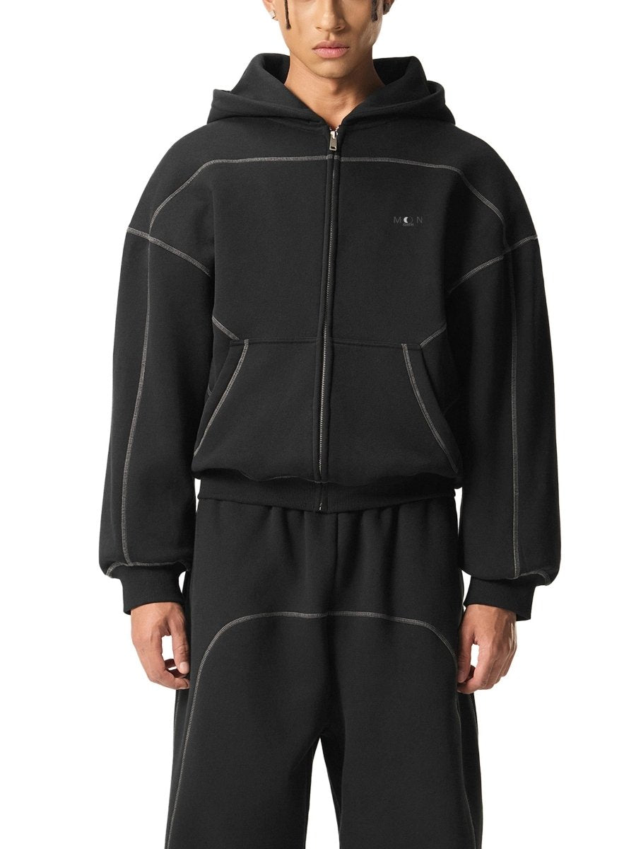 Black / S Moon Oath | Men Contrast-Stitched Boxy Fleece Zip Hoodie
