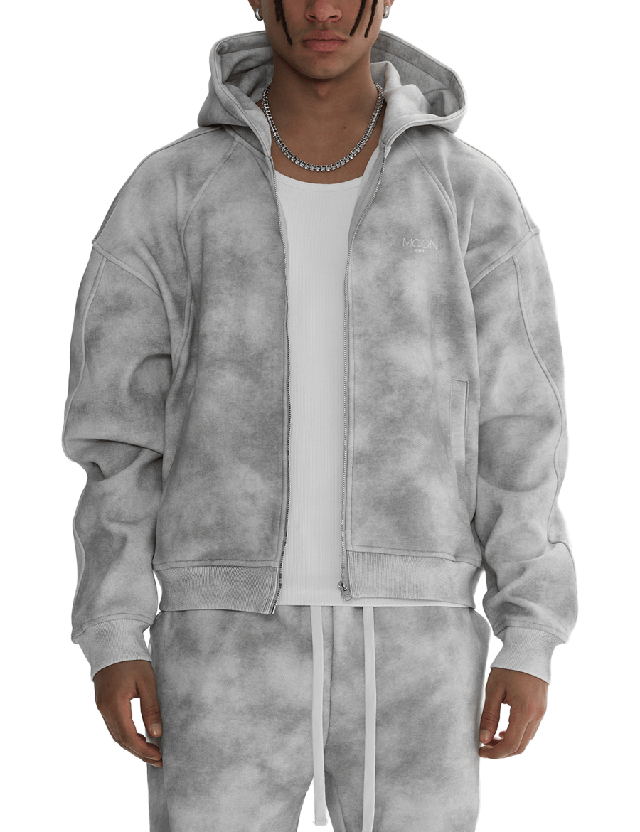  S Moon Oath | Dirty Washed Zip-Up Fleece Hoodie For Men