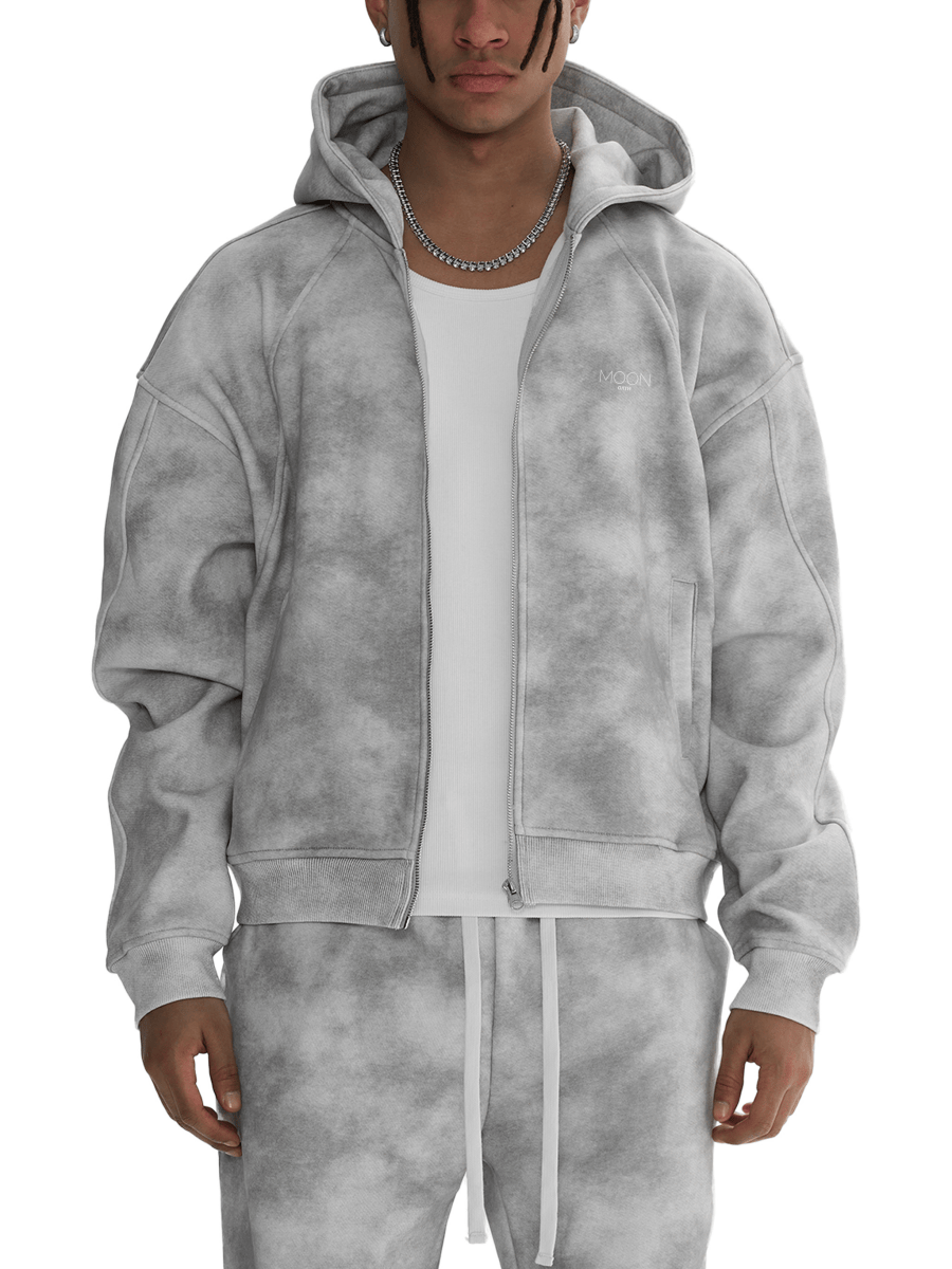 Gray / S Moon Oath | Dirty Washed Zip-Up Fleece Hoodie For Men