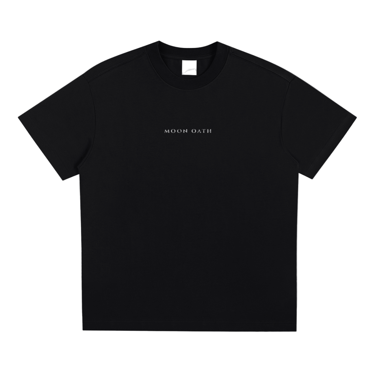 Black t-shirt with 'MOON OATH' text on a white background