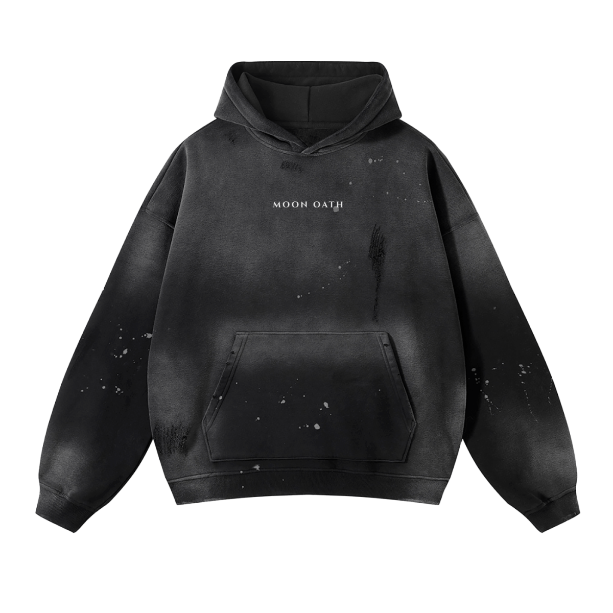 A black fleece hoodie with hand-frayed details and the text 'MOON OATH' on the front.