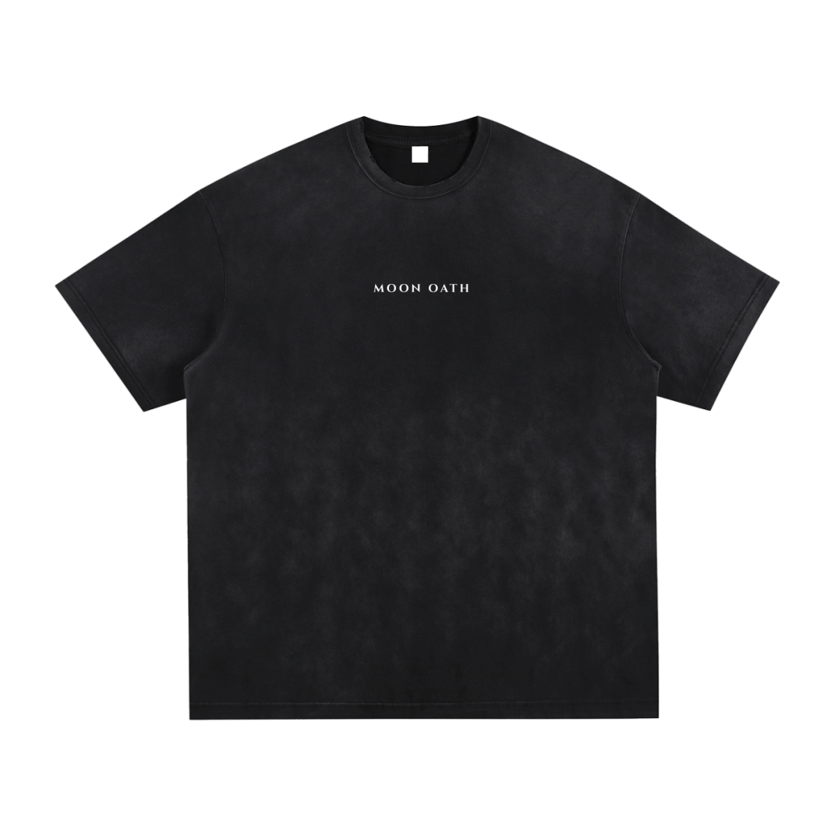 Black t-shirt with 'MOON OATH' text on a white background