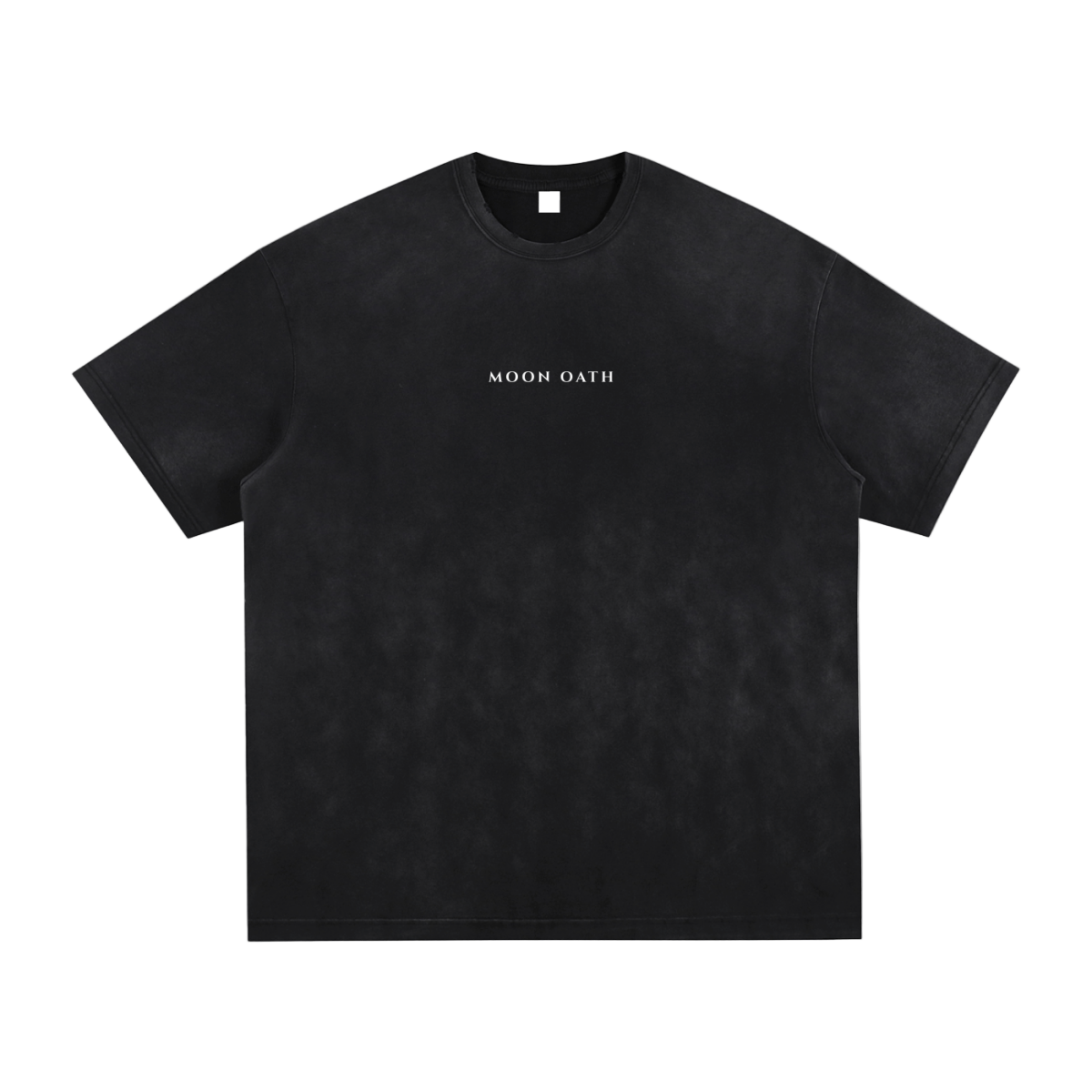 Black t-shirt with 'MOON OATH' text on a white background
