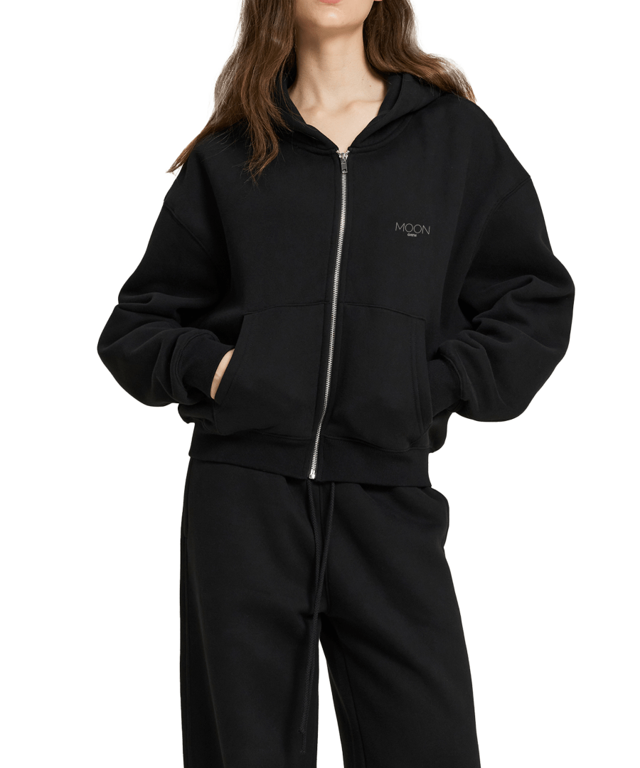  S Moon Oath | Fleece Zip-Up Boxy Hoodie For Women