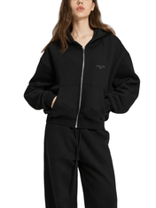 Black / S Moon Oath | Fleece Zip-Up Boxy Hoodie For Women