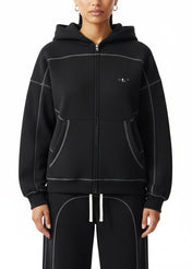 Black / S Moon Oath | Women's Contrast-Stitched Boxy Fleece Zip Hoodie