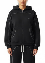 Black / S Moon Oath | Women's Contrast-Stitched Boxy Fleece Zip Hoodie