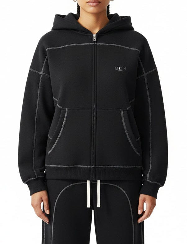  S Moon Oath | Women's Contrast-Stitched Boxy Fleece Zip Hoodie