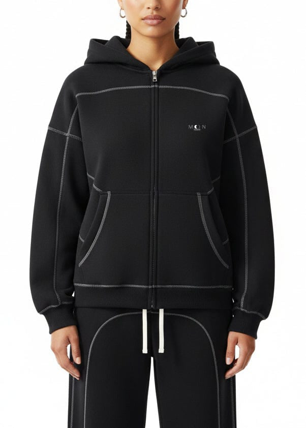 Black / S Moon Oath | Women's Contrast-Stitched Boxy Fleece Zip Hoodie