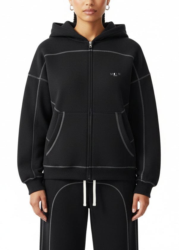  S Moon Oath | Women's Contrast-Stitched Boxy Fleece Zip Hoodie