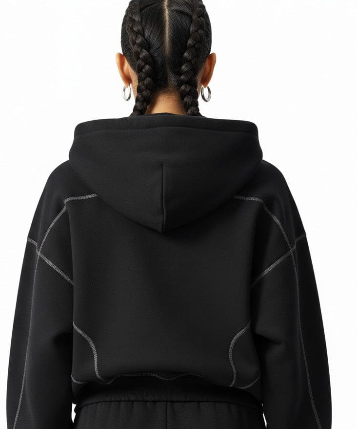 Moon Oath | Women's Contrast-Stitched Boxy Fleece Zip Hoodie