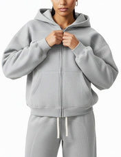 Gray / S Moon Oath | Women's Contrast-Stitched Boxy Fleece Zip Hoodie