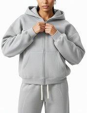 Gray / S Moon Oath | Women's Contrast-Stitched Boxy Fleece Zip Hoodie