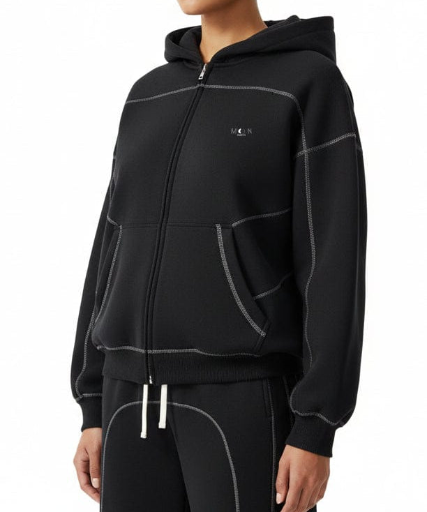 Moon Oath | Women's Contrast-Stitched Boxy Fleece Zip Hoodie