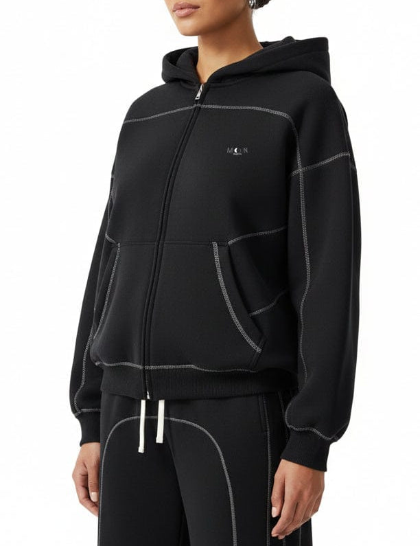Moon Oath | Women's Contrast-Stitched Boxy Fleece Zip Hoodie