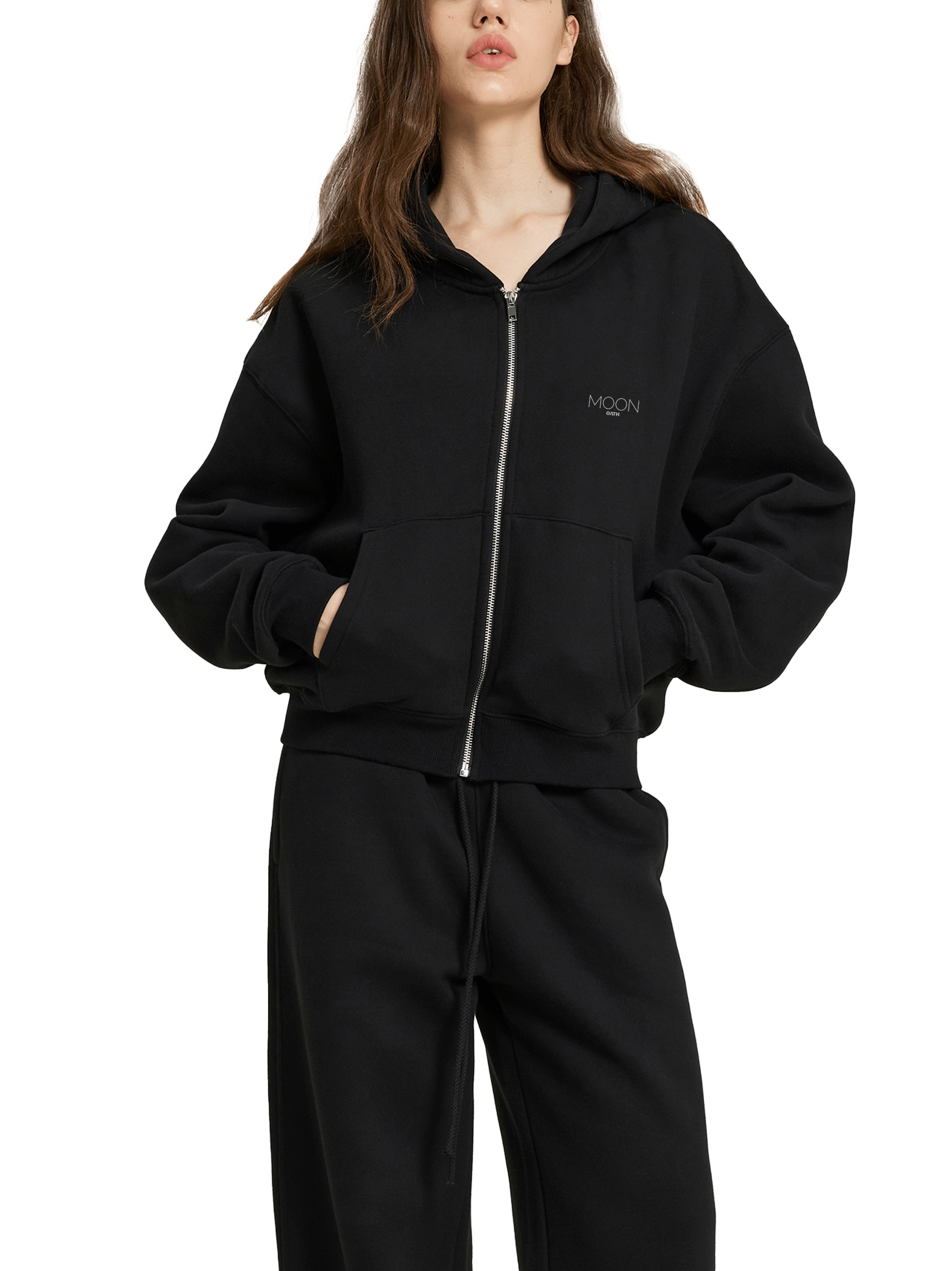 Black / S Moon Oath | Fleece Zip-Up Boxy Hoodie For Women