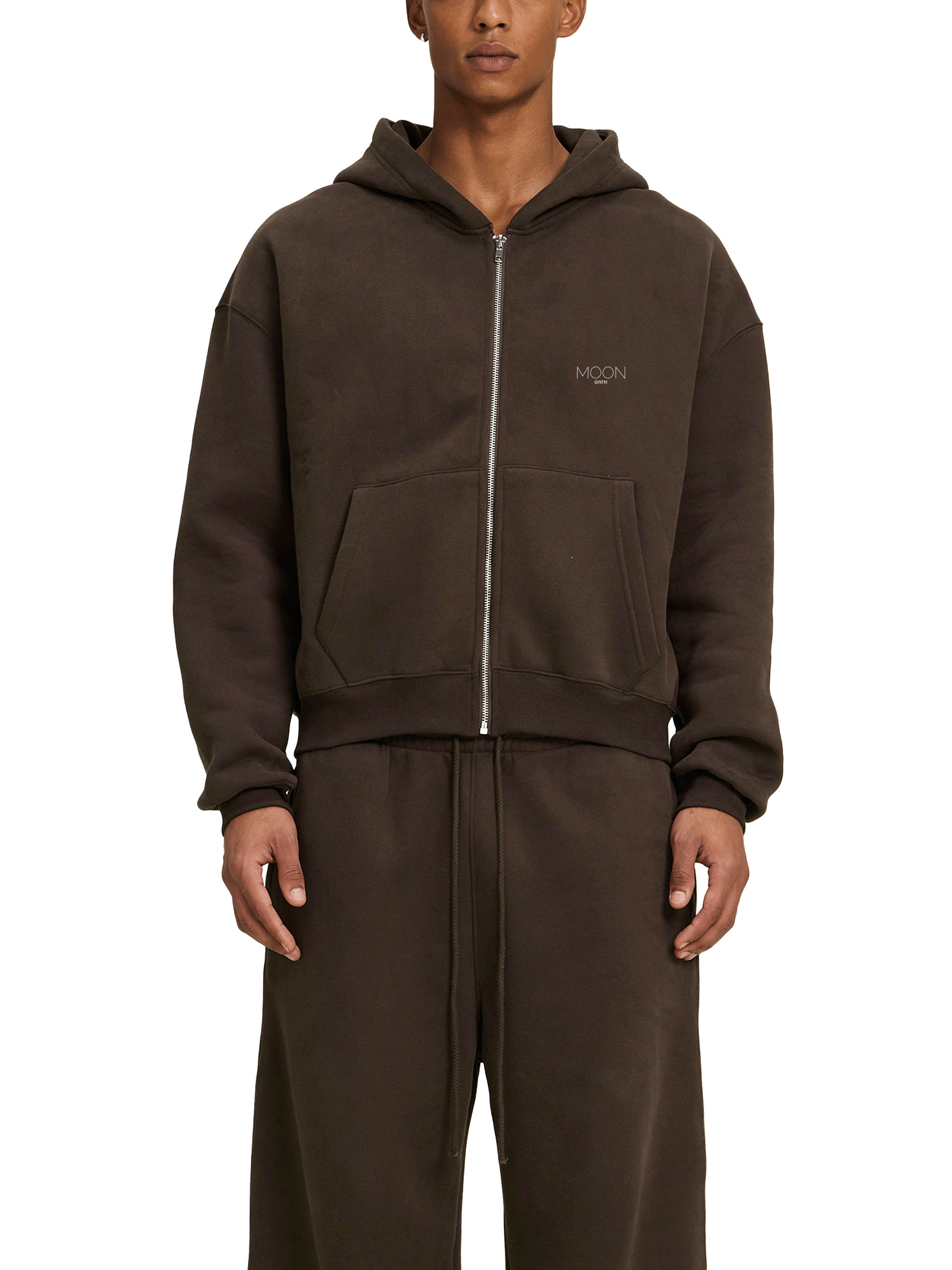Brown / S Moon Oath | Fleece Zip-Up Boxy Hoodie For Men